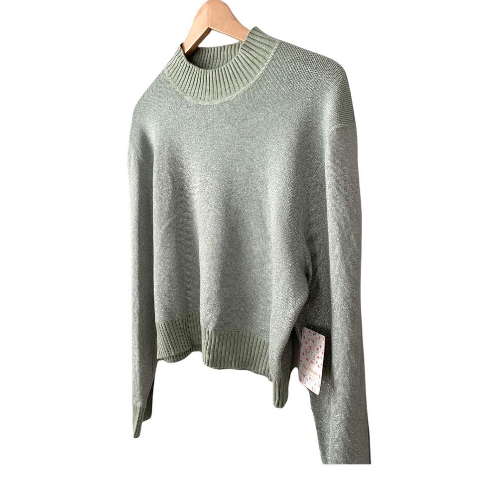 Free People Women's Metallic Glitter Green Mockneck Sweater Medium - Picture 4 of 10